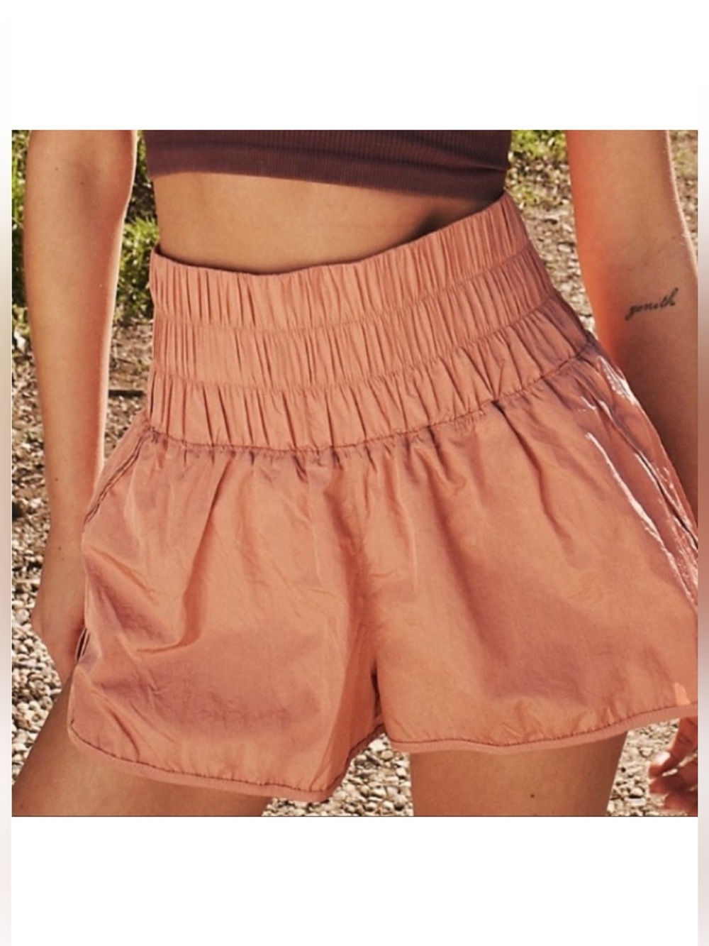 High-Waist Smocked Waistband Women’s Shorts in Dusty Rose